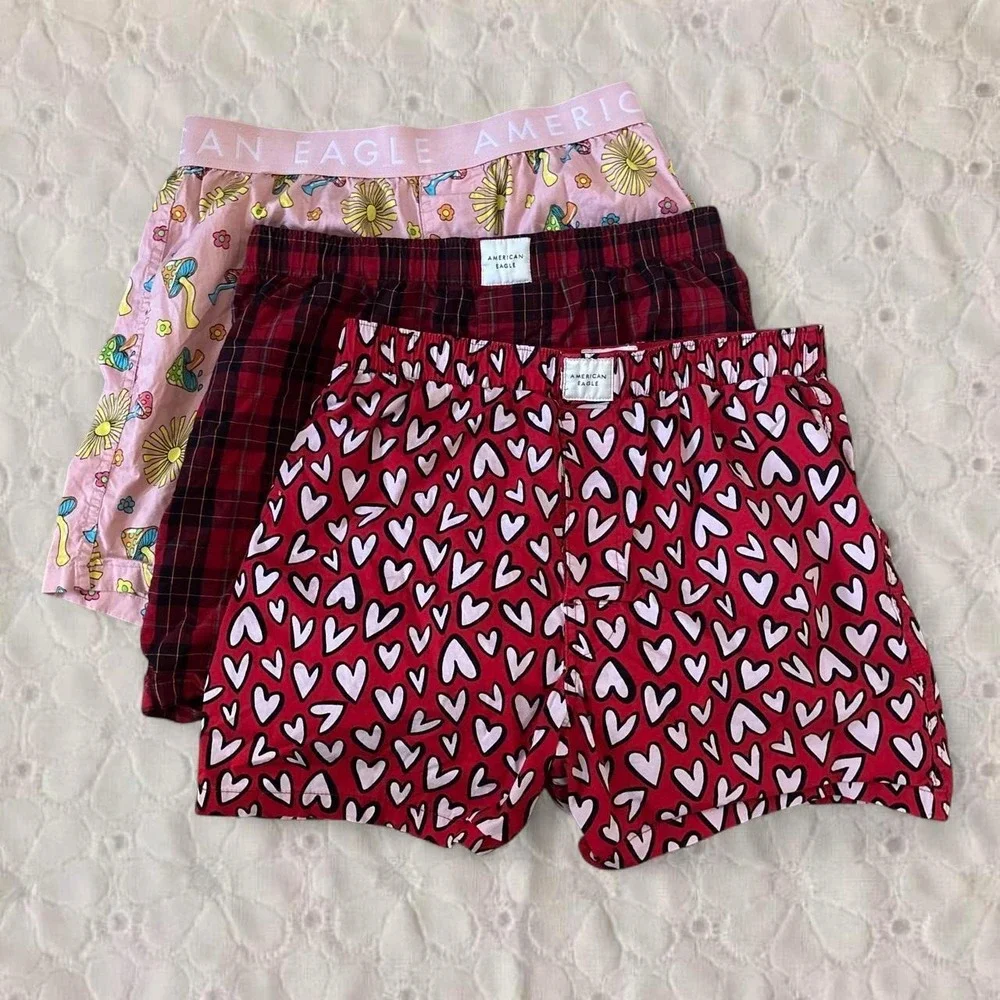 American Eagle Outfitters Mens 3 Pack Boxers Small Red Plaid Hearts Mushroom